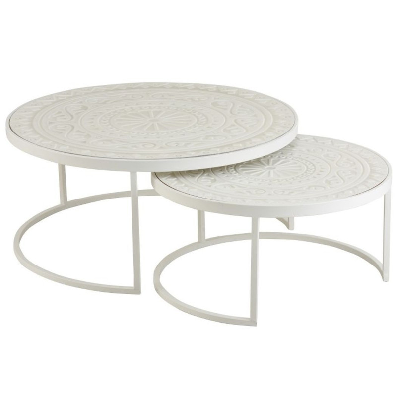 Set 2 bílých kovových stolků s ornamentovou deskou - Ø79*36 cm