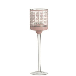 Růžový skleněný svícen na nožičce s ornamenty - Ø 7*25cm