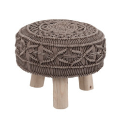 Bavlněný sedák Macrame taupe na dřevěných nožkách - Ø 40*30cm