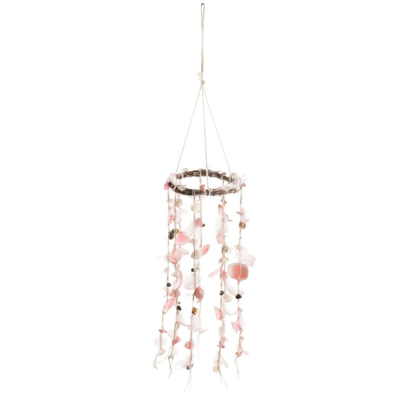 Závěsný věnec s růžovými peříčky a mušlemi Boho - Ø 15*75 cm