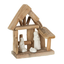 Přírodní dřevěný Betlém s porcelánovými postavičkami Nativity wood - 16*10*19 cm