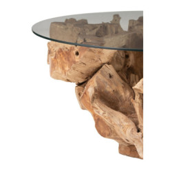 Přírodní coffee stůl z teakového dřeva a skleněnou deskou na kmeni Raoul teak - Ø100*45cm
