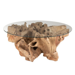 Přírodní coffee stůl z teakového dřeva a skleněnou deskou na kmeni Raoul teak - Ø100*45cm