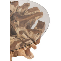 Přírodní coffee stůl z teakového dřeva a skleněnou deskou na kmeni Raoul teak - Ø90*45cm