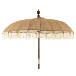 Béžový jutový slunečník s dřevěnou tyčí a třásněmi Boho - ∅165*267 cm