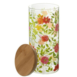 Skleněná dóza na potraviny s dřevěným víčkem a květy  Floral glass - Ø10*23cm / 1400ml