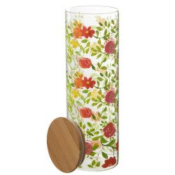 Skleněná dóza na potraviny s dřevěným víčkem a květy  Floral glass - Ø10*30cm / 1900ml