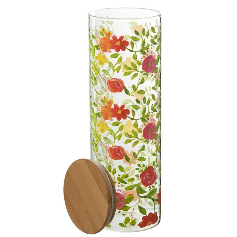 Skleněná dóza na potraviny s dřevěným víčkem a květy  Floral glass - Ø10*30cm / 1900ml