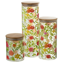 Skleněná dóza na potraviny s dřevěným víčkem a květy  Floral glass - Ø10*30cm / 1900ml