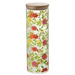Skleněná dóza na potraviny s dřevěným víčkem a květy  Floral glass - Ø10*30cm / 1900ml