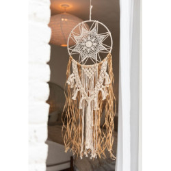 Béžovo-hnědý lapač snů s lýkovými proužky a  Macramé - Ø 32*95 cm