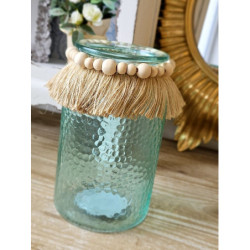 Tyrkysový skleněný svícen s dřevěnými korálky - Ø 12*18cm