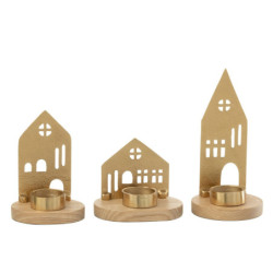 Set 3ks svícen domek na čajovou svíčku House gold - 9*9*19 cm
