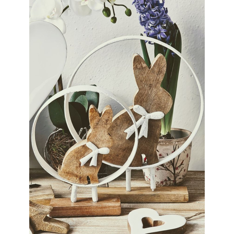 Dřevěná dekorace králíček s mašlí na podstavci - Ø 21*4*31cm