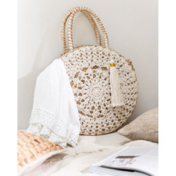 Plážová kulatá taška z mořské trávy s krajkou Beach Bag Lace - Ø 40*7cm