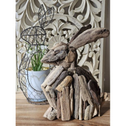 Hnědá antik dekorace králík z recyklovaného dřeva  - 30*16*35 cm