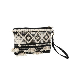 Černo-krémová kabelka do ruky Monochrome Boho s třásněmi - 25*17cm