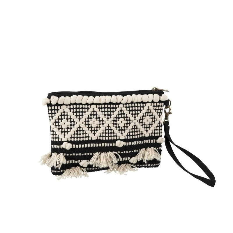 Černo-krémová kabelka do ruky Monochrome Boho s třásněmi - 25*17cm