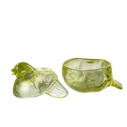 Zelená skleněná nádoba s víkem ptáček - 14*14*13cm/ 250ml